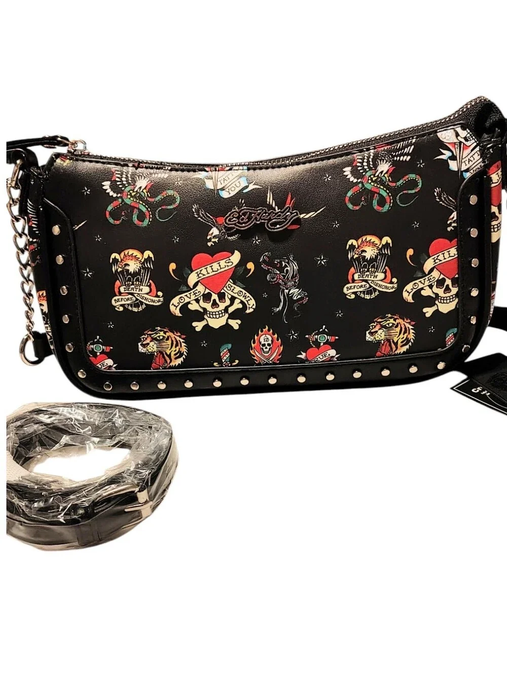 Ed Hardy Grunge Black Bikercore Tiger Skull Heart Studded Chain Crossbody Bag